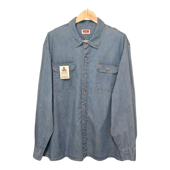 Wrangler Mens Denim Chambray Button Up Shirt Size 3XL Blue Long Sleeve Heritage - Picture 1 of 14